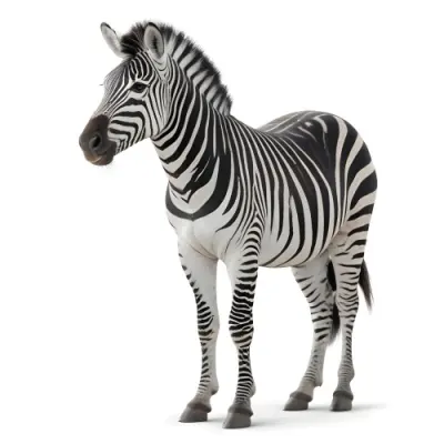Zebra With Black And White Stripes Short Mane Standing On A White Background Looking To The Left With A Slightly Open Mouth 21 9c4c