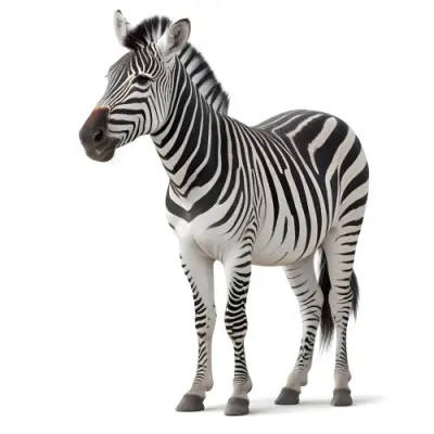 Zebra With Black And White Stripes Short Mane Standing On A White Background Looking To The Left With A Slightly Open Mouth 34 C0b6