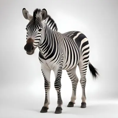Zebra With Black And White Stripes Short Mane Standing On A White Background Looking To The Left With A Slightly Open Mouth 37 74d0