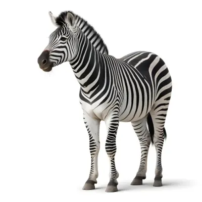 Zebra With Black And White Stripes Short Mane Standing On A White Background Looking To The Left With A Slightly Open Mouth 4 2ca5