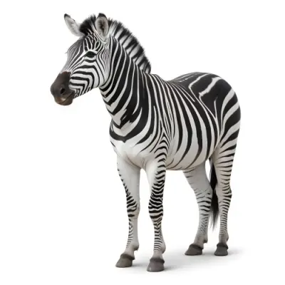 Zebra With Black And White Stripes Short Mane Standing On A White Background Looking To The Left With A Slightly Open Mouth 40 98e4