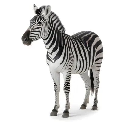 Zebra With Black And White Stripes Short Mane Standing On A White Background Looking To The Left With A Slightly Open Mouth 5 539b