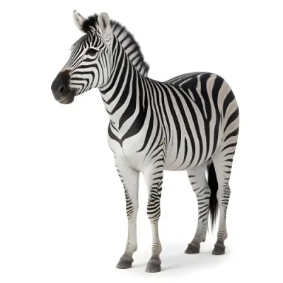 Zebra With Black And White Stripes Short Mane Standing On A White Background Looking To The Left With A Slightly Open Mouth 7 4f7b